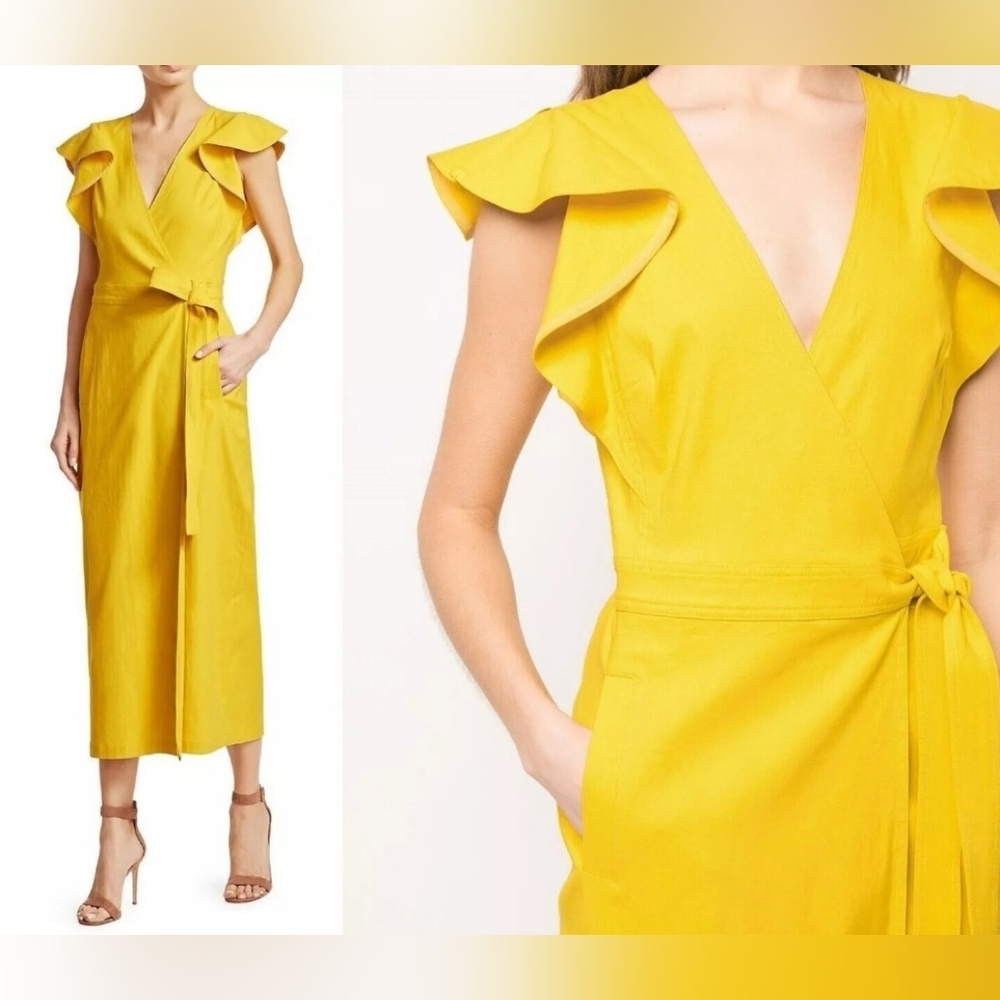 💛 A.L.C. Yellow Mustard Walker Ruffle Shoulder Belted Tie Waist Wrapped Dress 6 - Picture 11 of 12